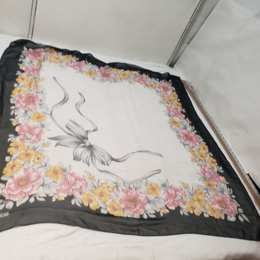 ABOUDA  Sheer black bow white pink gold scarf